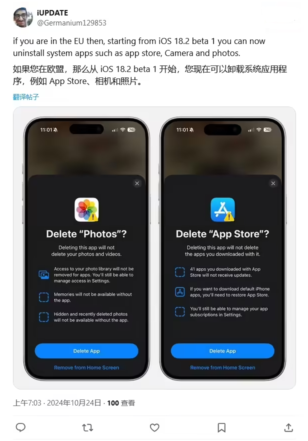 秦皇岛苹果手机维修分享iOS 18.2 支持删除 App Store 应用商店 