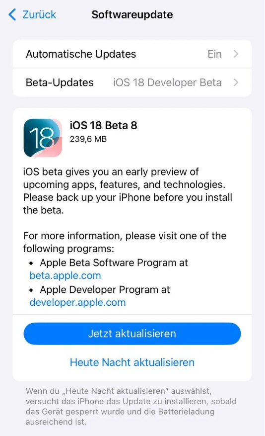 秦皇岛苹果手机维修分享苹果 iOS / iPadOS 18 开发者预览版 Beta 8 发布 